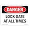 Signmission OSHA Danger Sign, Lock Gate At All Times, 10in X 7in Decal, 7" W, 10" L, Landscape OS-DS-D-710-L-2151 - alternate 1